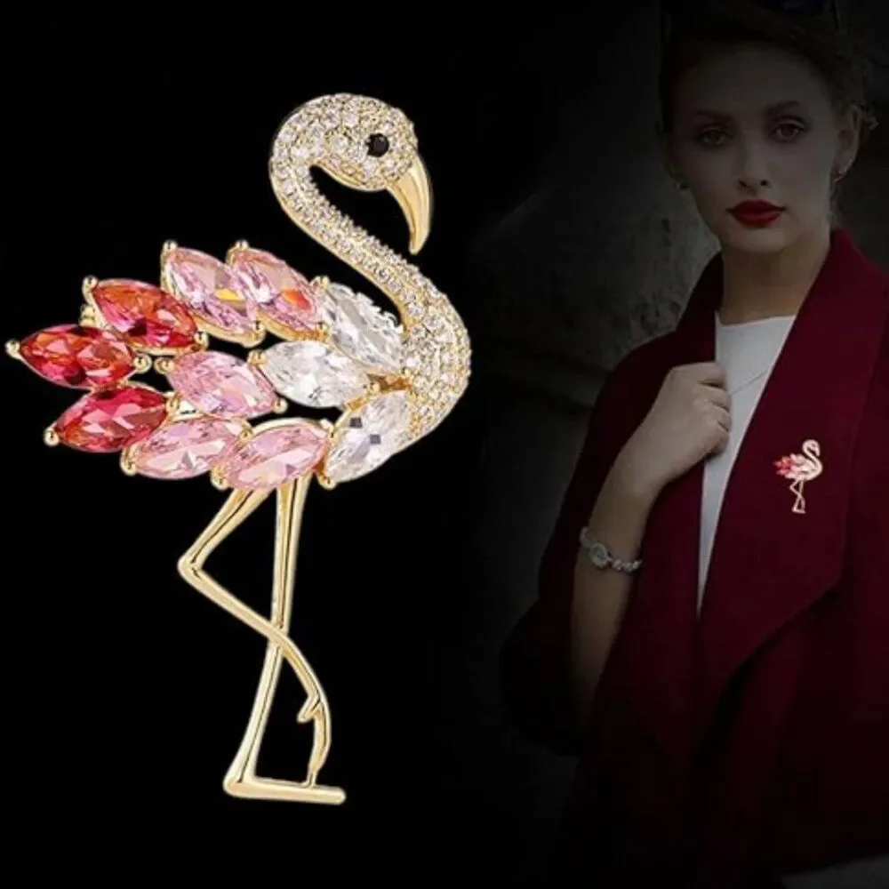 Flamingo Brooch Pin Pink & Clear Rhinestones & Crystals Delicate Animal Bird Pin